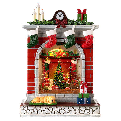 chimenea de vidrio con nieve con elfos 25x20x10 cm